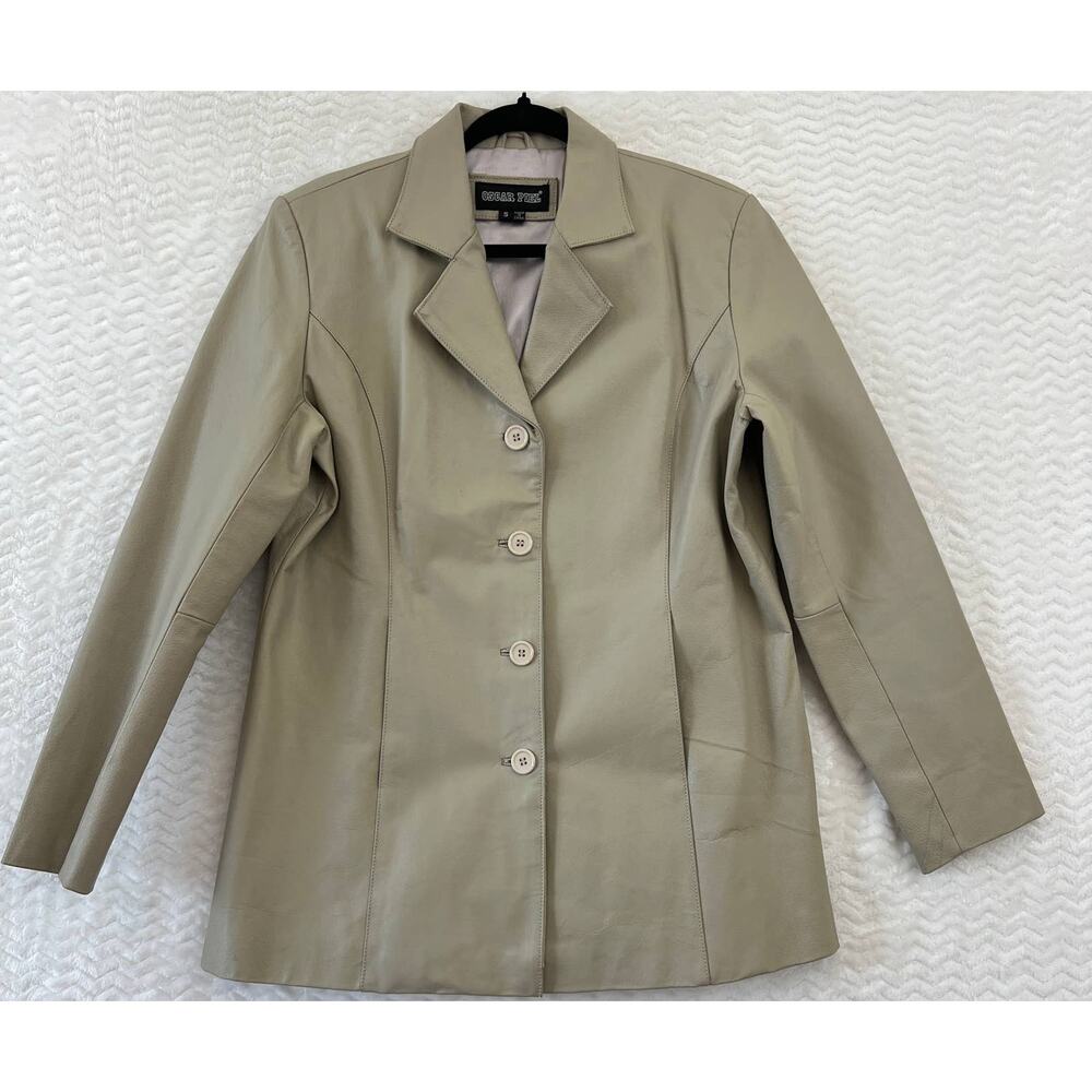 Oscar Piel Vintage Beige Cream Genuine Leather 90s Blazer Jacket Womens Sz Small